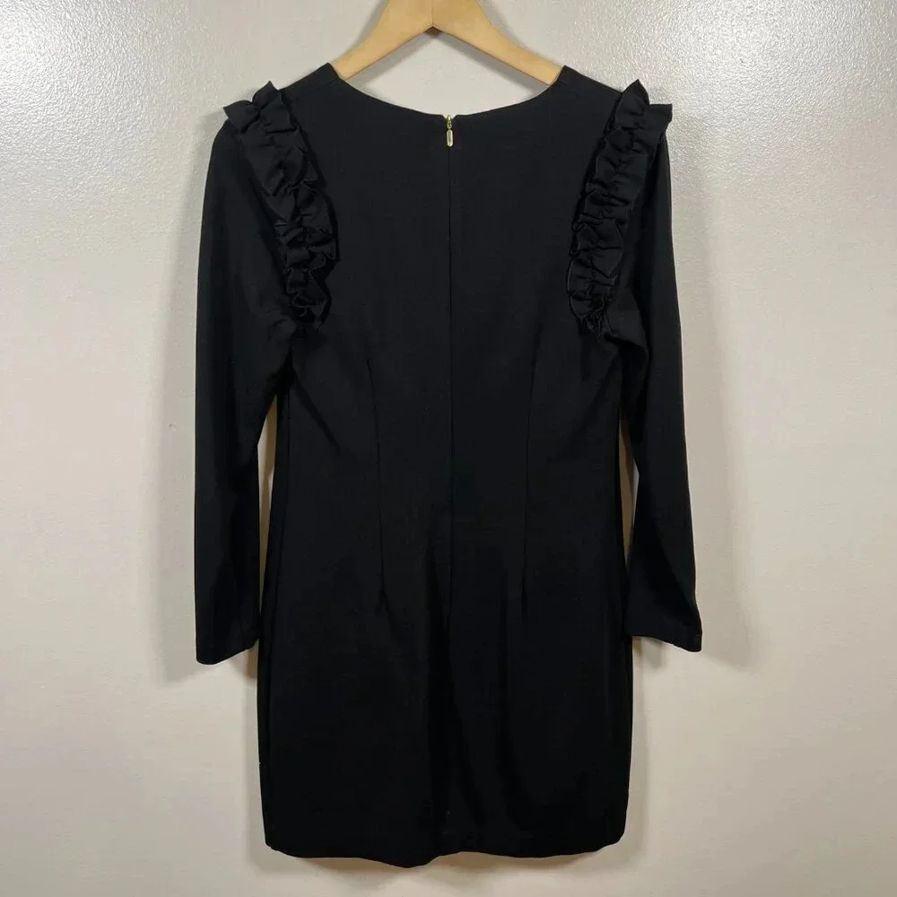 Trina Turk Eleanora Ruffle Sheath Dress Size 4 Black Long Sleeve Work Career